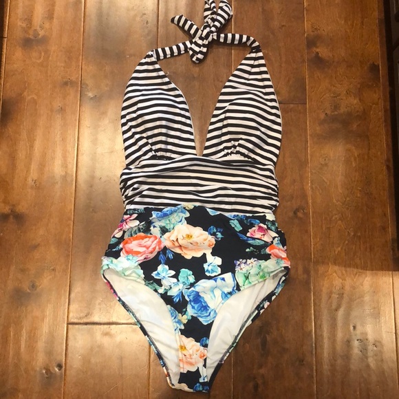 stripe and floral swimsuit